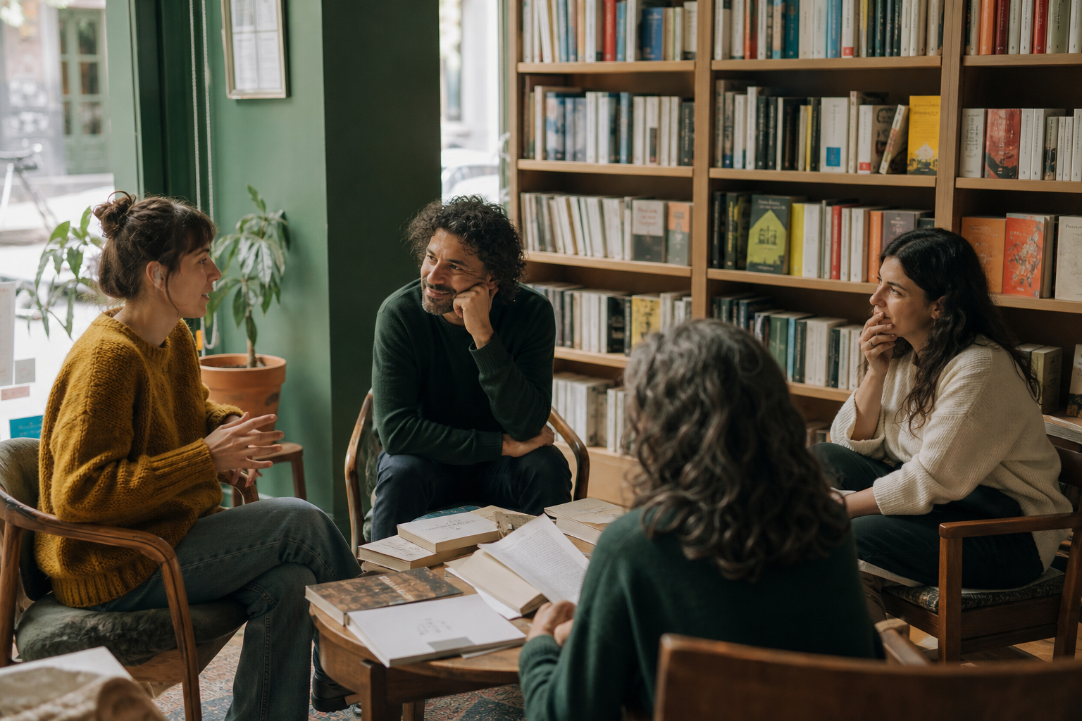 Ilustración de un grupo conversando alrededor de una mesa con libros